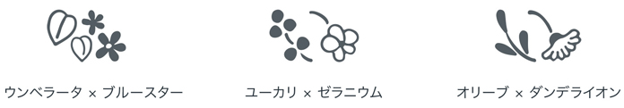 ウンベラータ×ブルースター/ユーカリ×ゼラニウム/オリーブ×ダンデライオン